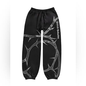 Black Graphic Sweatpants with White Thorn Design